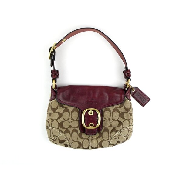 Coach Bleeker Signature Khaki Burgundy Leather Trim Shoulder Bag 11441 - Picture 1 of 15